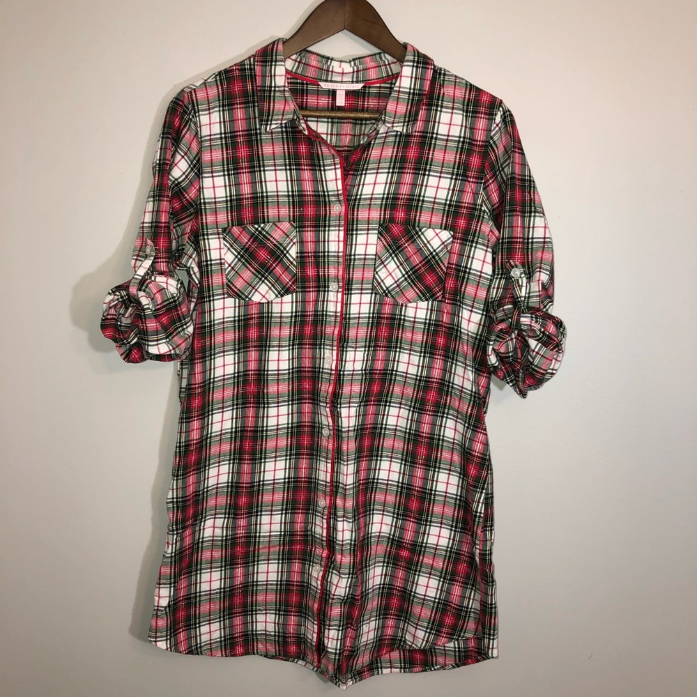 Victoria’s Secret MED Cotton Flannel Pajama Night Shirt Robe Pink Green Silver